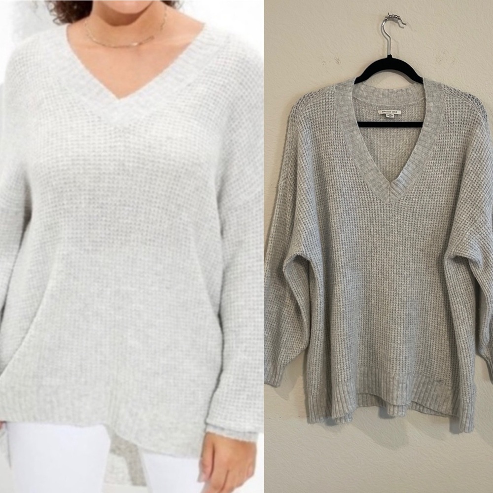 American Eagle Women’s Sweater Large Grey Oversized Waffle Knit Contemporary